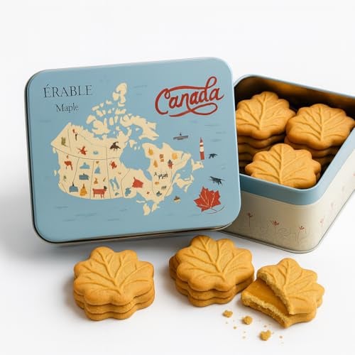 Boîte de Biscuits Feuille au Sirop d'Érable – Boîte Métallique aux Couleurs du Canada – Idéal pour Cadeaux et Souvenirs – Gourmandise Canadienne Authentique