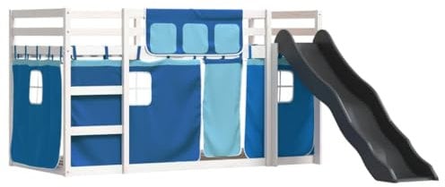 vidaXL Etagenbett, Kinderbett Spielbett mit Rutsche Gardinen, Hochbett Bett für Kinder, Stockbett Bettgestell mit Lattenrost Rausfallschutz, Blau 90x200cm