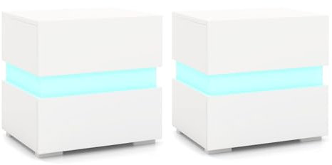 LIFEZEAL Nachttisch mit LED-Licht, Quadratischer Beistelltisch mit Schubladen, Nachtkommode mit Fernbedienung, Sofatisch modern für Wohnzimmer, Schlafzimmer, 45 x 35 x 45 cm (Weiß-2er Set)