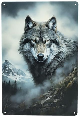 Wolf Blechschild – Wächter der Berge – 30 x 20 cm, Metall Wanddekoration mit mystischem Wolfsmotiv