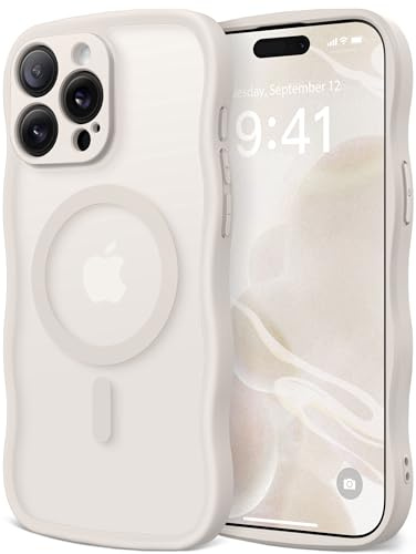 CAPRARO Cute for iPhone 15 Pro Case, Compatible with MagSafe | [Curly Wave Edge] [Upgraded Full Camera Protection] [14 FT Drop Protection] Magnetic Phone Case 6.1 Inch, Stone