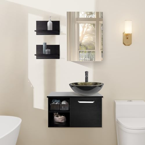 YU YUSING Ensemble de Meubles de Salle de Bain avec Lavabo Rond et Miroir, Meuble de Salle de Bain avec Armoire de Rangement, 2 Étagères Murales, Vasque à Poser, Ensemble de Robinets (Doré)