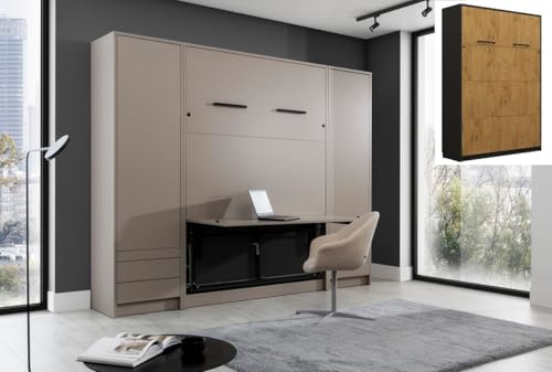 QMM Schrankbett Wandklappbett vertikal GN 120x200 mit Schreibtisch, LED und 2 Schränken weiß, Eiche, Congo Schlafzimmer Set (Eiche Lancelot & Schwarz)