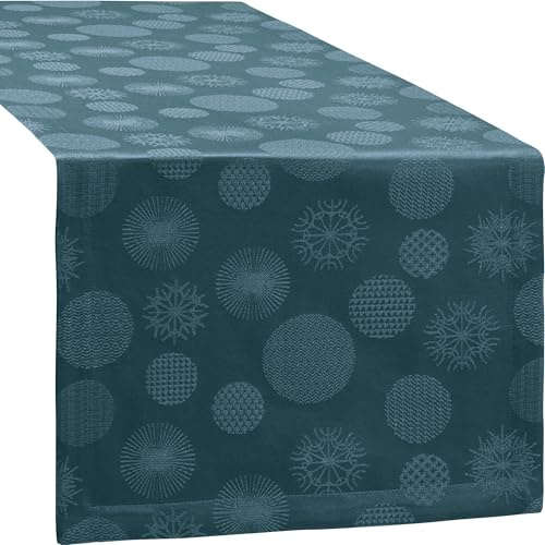 Erwin Müller Jacquard Tischläufer Calvia Petrol Größe 50x150 cm - eingewebte Eiskristalle und Christbaumkugeln, zarter Schimmer, Pflege- und bügelleicht