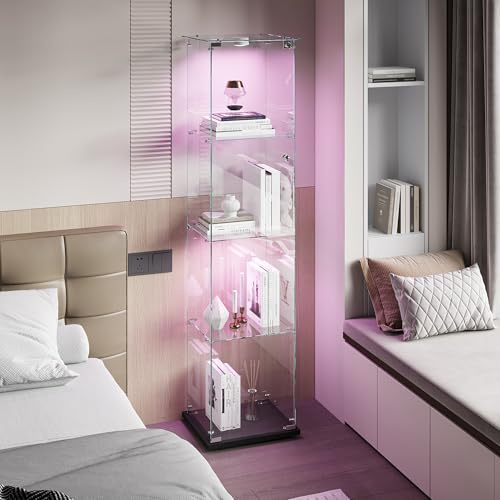 Zorvani Glasvitrine Standvitrine mit LED, Glasvitrine Stehend mit 4 Lagen Glas, Vitrinenschrank 1 TüR & Schloss Vitrine Glasschrank für Wohnzimmer Büro Sammlerstücke (Schwarz&LED 1, 4 Etagen, 1 Tür)
