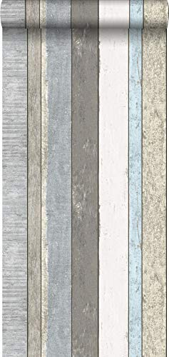 Sanders & Sanders Tapete Holz-optik Grau, Blau und Beige 53 cm x 10.05 m
