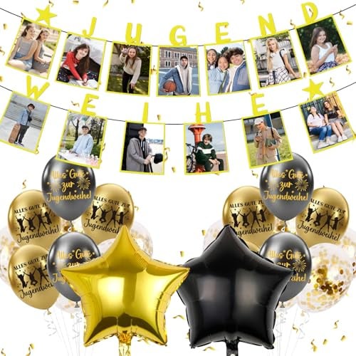 Afritee Jugendweihe Fotogirlande Banner Deko, Alles Gute Zur Jugendweihe Luftballons Stern Folienballons, Schwarz Gold Party Dekoration Hängedeko Für Junge Mädchen