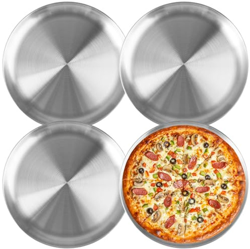 Lot de 4 Plaques à Pizza Rondes en Acier Inoxydable, 26cm Plaque Pizza Four | Résistant aux Températures élevées et Facile à Nettoyer pour Cuisson au Four, Friture, Collations, Desserts et Restauration