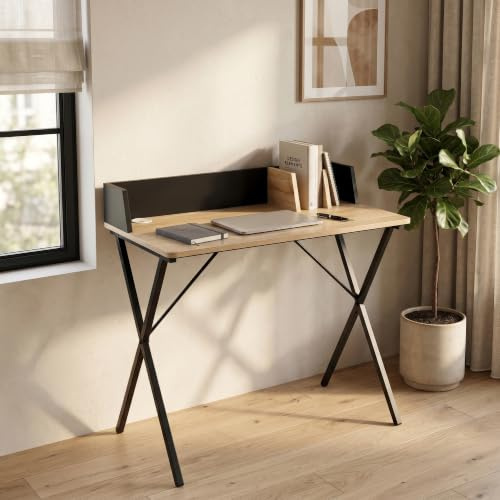 [en.casa] Schreibtisch Kappespoo Laptoptisch 84x80x50 cm Schwarz/Eicheoptik | Computertisch, mit Kabeldurchlass, Rückwand, Metallgestell, Bürotisch, 2 Fächer, rechteckig, für Home Office, Arbeitszimmer