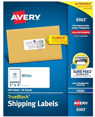 Avery Printable Shipping Labels, Sure Feed Technology, 2 x 4, White, 500 Blank Mailing Labels (8363)