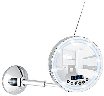 WENKO LED Wandspiegel Imperial - 3-Fach Vergrößerung, mit Bluetooth Funktion, USB-Port und Mikrofon, Spiegelfläche ø 16.5 cm 300% Vergrößerung, Stahl, 21 x 27 x 13-38 cm, Chrom