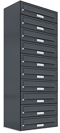 AL Briefkastensysteme 10er Briefkastenanlage Anthrazit Grau RAL 7016, Premium Briefkasten DIN A4, 10 Fach Postkasten modern Aufputz