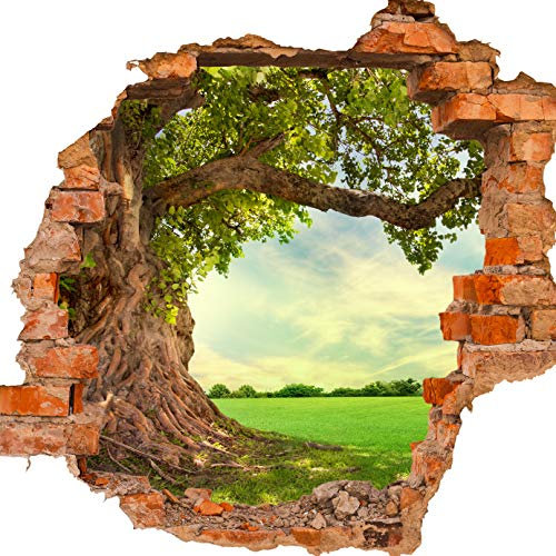 wandmotiv24 Adesivo da Parete 3D Prato Primaverile con Grande Albero con Foglie Verdi fresche, Design 02, 90x82cm (BxH), Decorazione, murale, Finestra, Apertura, varco M0715