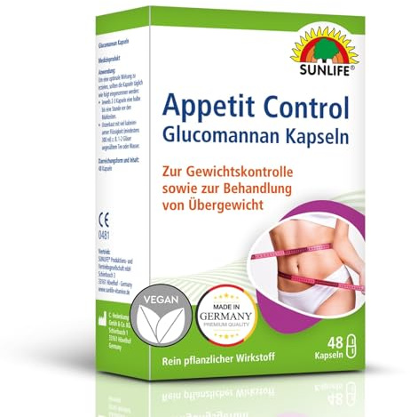 SUNLIFE Apetit Control Kapseln - 1 x 48 Stück - hochwertige 400mg Glucomannan Kapseln - aufquellende Appetitzügler Kapseln - rein pflanzliches Nahrungsergänzungsmittel ohne Konservierungsstoffe