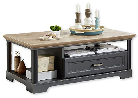 Stella Trading JASMIN Couchtisch in Artisan Eiche Optik, Graphit - Sofatisch mit Schublade & Ablage für Ihren Wohnbereich im Landhausstil - 120 x 45 x 67 cm (B/H/T)