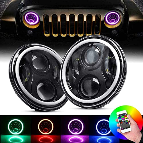 NSLUMO RHD 90 110 Stirnlampe RGB Bluetooth Paar 17,8 cm Scheinwerfer LED RGB Halo Projektor Angel DRL kompatibel mit J`eep Wrangler JK TJ LJ (Smoke)