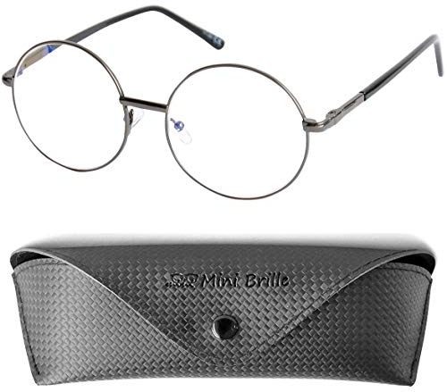 Hippie Runde Blaufilter Brille Lesebrille mit Große Gläser, Etui, Anti Blaulicht Brille Stil 60er Jahre aus Metall (Graphit), Blaulichtfilter Brille Damen und Herren +2.0 Dioptrien