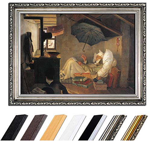 Bild mit Rahmen - Carl Spitzweg Der arme Poet 50x40 cm - Gerahmtes Leinwandbild Alte Meister - Antiker Rahmen Silber Barock, Klassisch