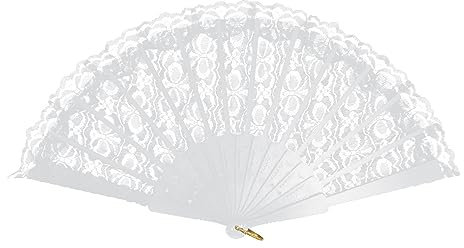 Lizzy 1 x White Lace Spanish Fan | Womens One Size Fordable Lace Fan | Hand Held Fan for Hand Wedding Party Halloween Fancy Dress Costume Accessory