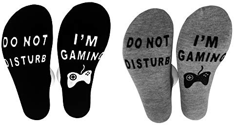 Chaussettes Homme et Femme Coton Chaussettes Drôle avec Lettre Antidérapantes DO NOT DISTURB, I AM GAMING Chausettes Unisexe Cadeau de Noël pour les Amis Joueurs (Noir + Gris, 39-46)