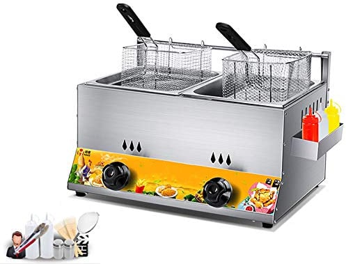ZLYD Freidora de gas de mesa de acero inoxidable, doble tanque de capacidad de 12 litros, con 2 canastas y aderezos, cocina industrial comercial o uso doméstico