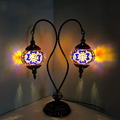 BOTOWI 2 Köpfe Türkische Mosaik Glasplatte Tischlampe Handgemachte marokkanische Schreibtisch Leichte Dekoration Light Fixture für Schlafzimmer Nachttisch Esszimmer Cafe Bar, 110-240V