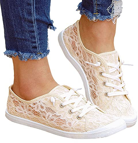 Minetom Zapatillas De Lona Mujer Zapatillas De Deporte Planos Holgadas con Cordones Zapatillas con Punta Encaje Zapatos A Albaricoque 39 EU