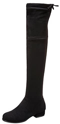 MJIASIAWA Donna Inverno Sopra Il Ginocchio Moda Tacco Basso Stivali Stretch Senza Chiusura Punta Rotonda Comfy Warm Stivali Alti Nero Numero 38 EU/39 Asiatico
