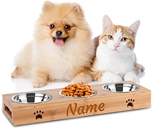 OXYEFEI Gamelle Chien et Chat Personnalisé, Bol pour Chien/Bol pour Chat avec Prénom Gravé, Durable Bambou Support Gamelle Chien pour Petits et Moyens Chiens/Chats 250ml(3 Bol)