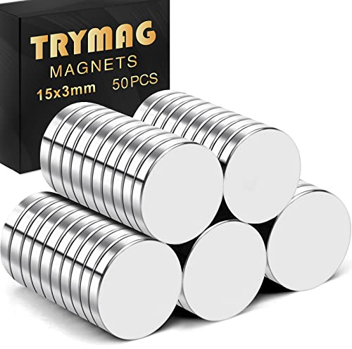 TRYMAG 50 superstarke Neodym-Magnete, 15 x 3 mm, kleine, runde Kühlschrank-Magnete für Seltenerdmagnete zum Basteln, winziges Neodym für Whiteboard, trocken abwischbare Tafel, DIY, wissenschaftliche