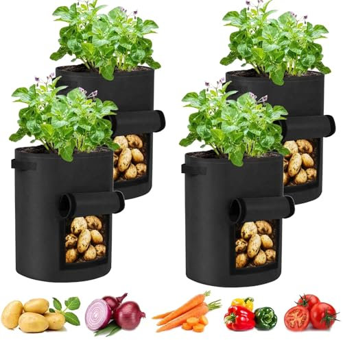 SunStream Potato Pflanzsack 27 Liter 4er Pack Schwerer Vliesstoff Pflanztaschen mit Griff und Ernte Fenster Pflanze Garten Taschen zu wachsen Gemüse Tomate