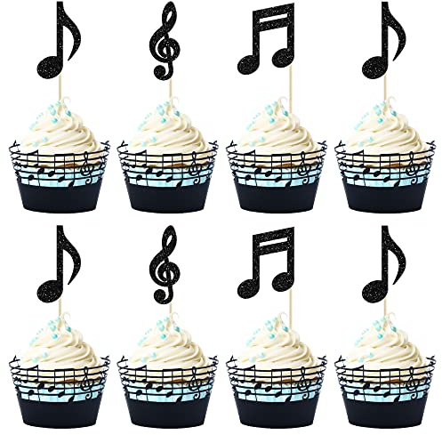 Gyufise 36Pcs Music Notes Cupcake Toppers and Wrappers Glitter Musical Symbols Cupcake Picks for Rock Music Theme Baby Shower Kids Birthday Party Cake Decorations Supplies