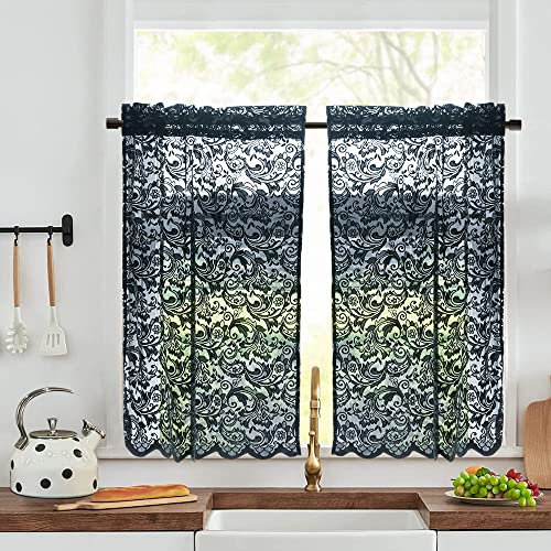 ALIGOGO Spitzen-Küchenvorhänge, 91,4 cm Länge, elegant, Gothic, dunkel, durchscheinend, kurz, für Küche, Schlafzimmer, Badezimmer, Tunnelzug, Halloween-/Boho-Raumdekoration, 2 Stück, Schwarz