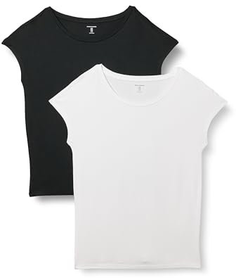 Amazon Essentials Camiseta de Jersey con Cuello de Barco de Manga Corta y Corte Estándar Mujer, Pack de 2, Blanco/Negro, XS
