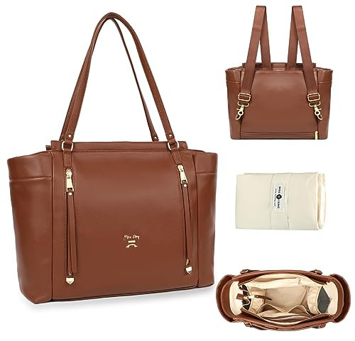 MISS FONG Wickeltasche Windelrucksack, Großer Multifunktionaler Baby Windelrucksack aus Leder mit Tragbarer Wickelrucksack, 2 Isolierten Taschen und Kinderwagengurten für Mama und Papa – Braun
