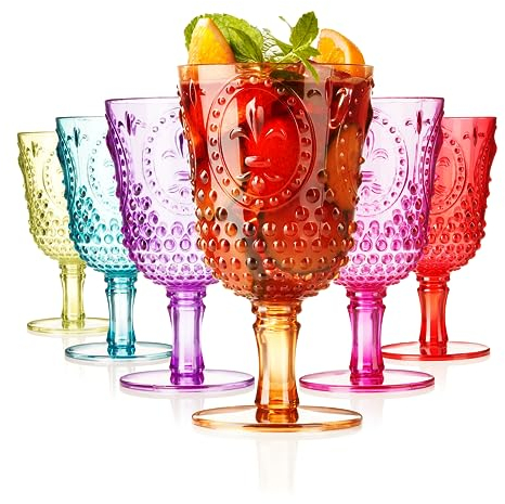 Muldale Lot de 6 grands verres à vin réutilisables en acrylique coloré de 450 ml – incassables pour pique-nique – sans BPA