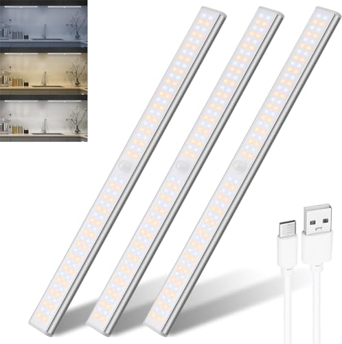 DFGOTOP Wireless Under Motion Sensor Cabinet Night Light Ultra Thin 3 Color,USB Rechargeable Light with 2000MAH Batter for Kitchen Bedroom Closet Tent Stairs (20CM-56LED-3PCS) (35CM-96LED-3PCS)