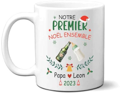 Lalasol Mug Premier Noël Nouveau Papa Personnalisé – Tasse Cadeau de Noël Pour Nouveau Papa Avec Nom de Bébé Personnalisable – Imprimé en France