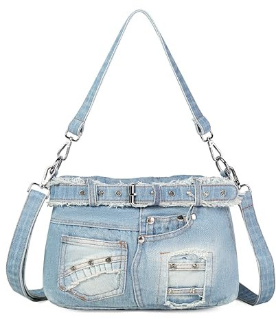 YeFine Y2K Jeans-Tasche, lässige Denim-Geldbörsen für Damen, Geldbörsen und Handtaschen, kleine Schultertaschen, Blau, Rockform Hellblau, 10.24(L) * 3.15(D) * 6.9(H)