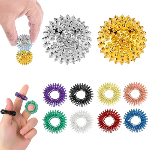 8 Akupressurringe + 2 Igelbälle Set, 8 Farben Fingermassagering 32mm Akupressur Ball, Arthroroller Sensorische Skill Borderline Set, Massageringe zur Förderung der Durchblutung und Stressabbau