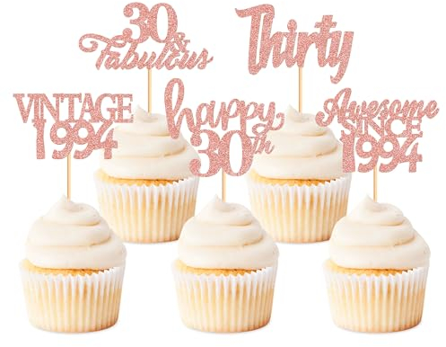 Blumomon 30 Pcs Rose Gold 30th Happy Birthday Cupcake Toppers Happy 30 Cupcake Topper Cheers to 30 Fabulous 1995 Cake Decoration for 30th Birthday Party Decoration 30th Anniversary Cake Decoration