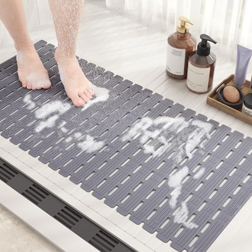 COLOR&GEOMETRY Shower Mat Non Slip Anti Mould 40x90Cm, Shower Mat Cut to Size, Machine Washable Bathroom Mat With Strong Suction Cups Non Slip Bath Mats for Inside Bath, Walk-In Bathroom - Grey