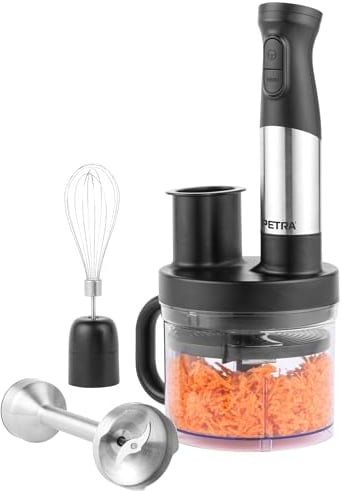 Petra Mixeur Électrique 5-en-1, Accessoires Hachoir compact, Mixeur Plongeant,Fouet, Parfait pour mélanger, hacher, trancher et raper, Bol 1,2 L sans BPA, 2 réglages de vitesse, Garantie 3 ans