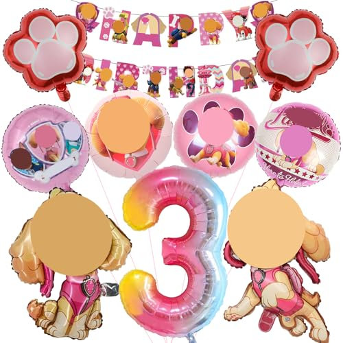 Mizijia 10 Stück Paw Dog Geburtstagsdeko 3 Jahre Mädchen, Paw Dog Luftballons Geburtstag Set, Kindergeburtstag Folienballon, Geburtstag Party Deko Ballons Set für Kinder (3)