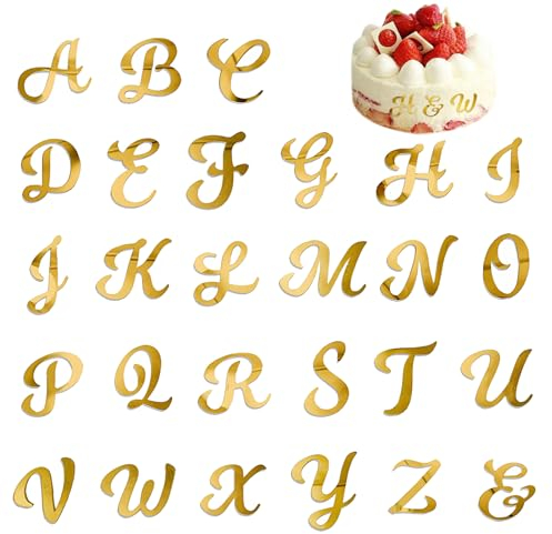 27 PCS Acrylic Alphabet Cake Topper Gold Cake Letters Decoration DIY Personalized Name Cupcake Toppers Mirror Alphabet A-Z Cake Picks for Birthday Party Wedding Graduation Cake Decoration (Uppercase)