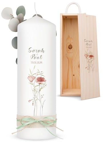 AMARI ® Personalisierte Hochzeitskerze Flower 25/8 cm - Traukerze mit Namen und Datum