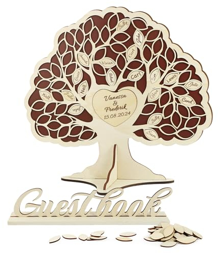 BOFUNX Gästebuch Hochzeit Holz Hochzeitsgästebuch mit 81 Holzblättern für Gast Zeichen Lenbensbaum Hochzeitsdeko Kreative Geschenk für Hochzeit Verlobung Jubiläum