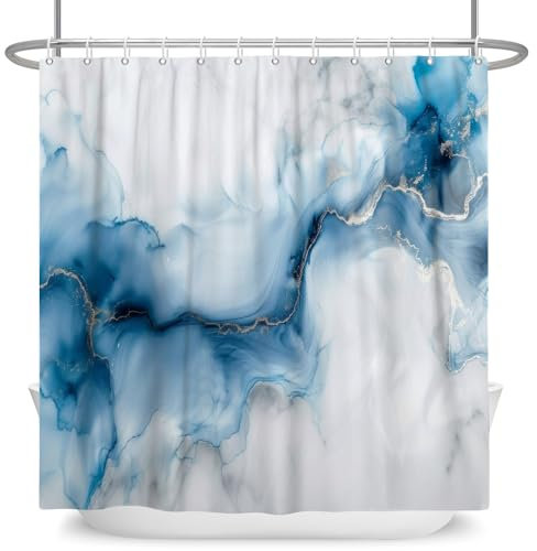 ASDCXZ Marmor Duschvorhang 180x200 cm, Modern Abstrakt Halofärbung Blau Weiß Silbrig Marmor Optik Textur Waschbar Bad Duschvorhänge Polyester Textil Wasserdicht Duschvorhang für Badewanne mit 12 Haken