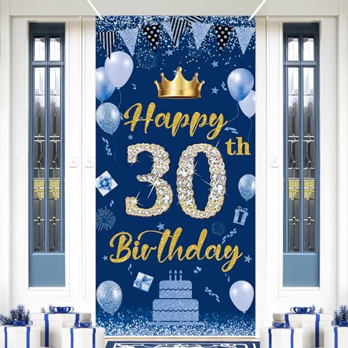 POPOYU Happy 30th Birthday Door Banner,Navy Blue 30th Birthday Backdrop Banner for Men Women,Large Fabric Photo Booth Backdrop Background for Him Her 30 Years Old Birthday Party Wall Door Decoration