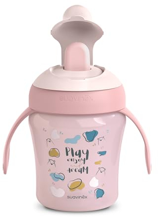 Suavinex, Vaso Aprendizaje Bebé con Boquilla Rígida Antidesgarro, Biberón con Asas, Tapa Protectora Abatible, Vaso Antiderrame, 200 ml, Bébés +6 Meses, Apto Lavavajillas, Bears Rosa